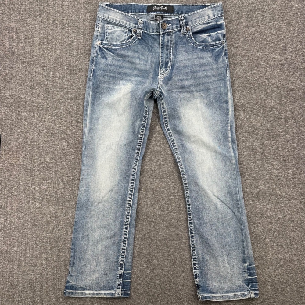 True Luck Mens Straight Leg Jeans 32 Medium Wash Blue Contrast Stitch Western